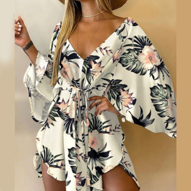 Sixsr Sexy V-Neck Women Mini Dress Casual Leaf Leopard Print Harajuku Batwing Sleeve Dress Lady Elegant Lace-Up Irregular Party Dress