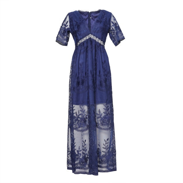 sixsr Summer Boho Women Maxi Dress Loose Embroidery White Lace long Tunic Beach Dress Vacation Holiday Women Clothing