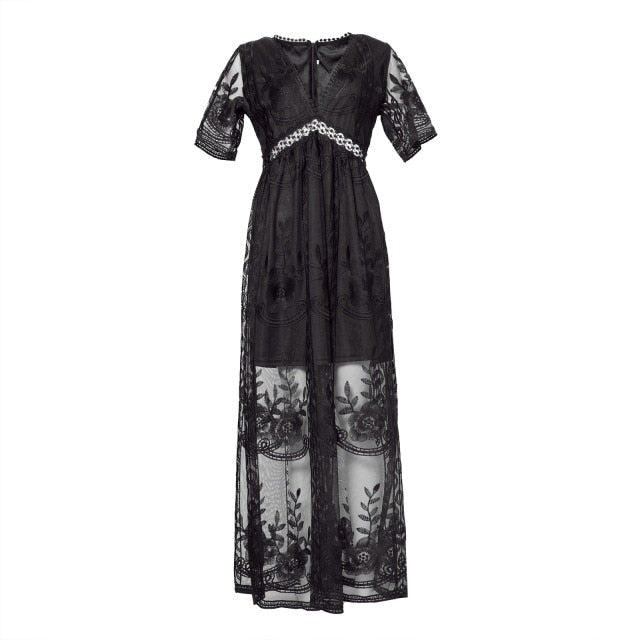 sixsr Summer Boho Women Maxi Dress Loose Embroidery White Lace long Tunic Beach Dress Vacation Holiday Women Clothing