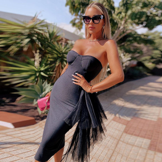 Sixsr  New Bandage Dress Sexy Bodycon Women Mesh Strapless Party Club Evening Elegant Black White Clothes