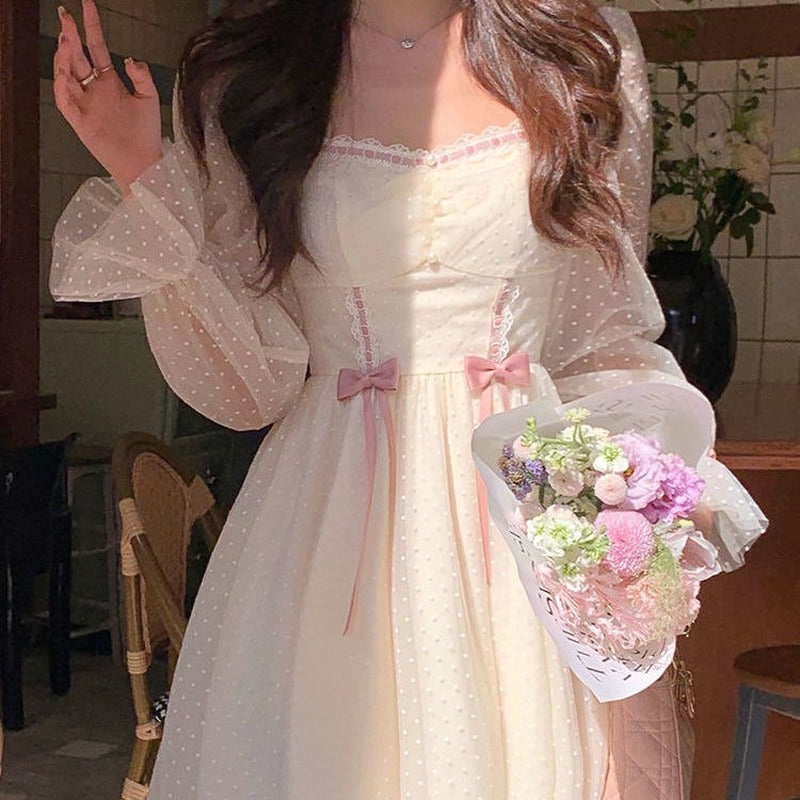 sixsr Spring Autumn Elegant Princess Dress Women Sweet Dot Party Long Sleeve Fairy Dress Female Casual Vintage Korean Kawaii Mini Dress