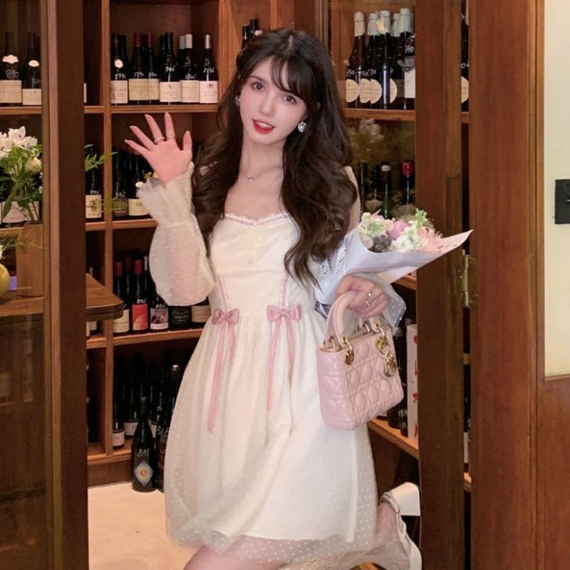 sixsr Spring Autumn Elegant Princess Dress Women Sweet Dot Party Long Sleeve Fairy Dress Female Casual Vintage Korean Kawaii Mini Dress