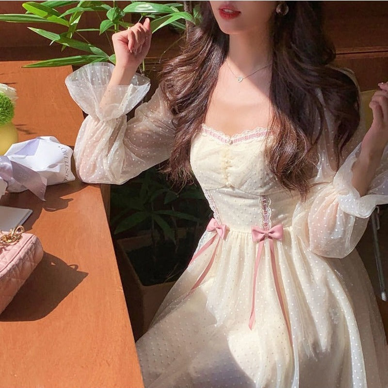 sixsr Spring Autumn Elegant Princess Dress Women Sweet Dot Party Long Sleeve Fairy Dress Female Casual Vintage Korean Kawaii Mini Dress