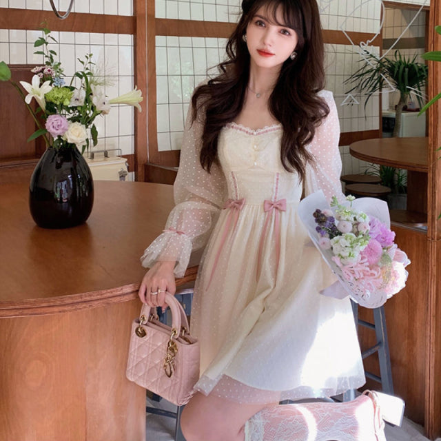 sixsr Spring Autumn Elegant Princess Dress Women Sweet Dot Party Long Sleeve Fairy Dress Female Casual Vintage Korean Kawaii Mini Dress