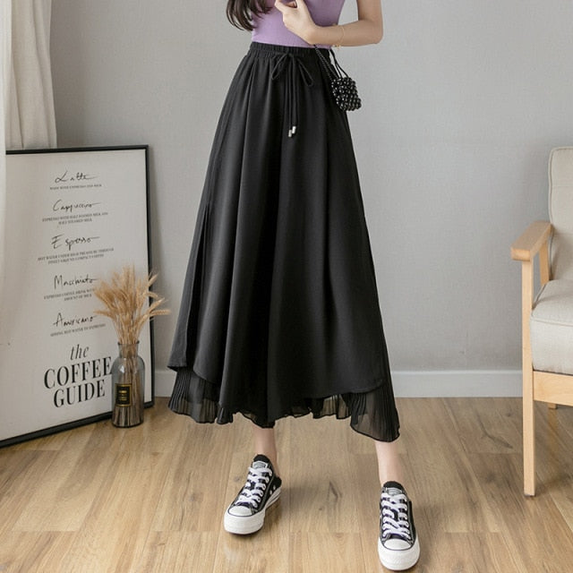 Sixsr Spring Autumn New Style Pleated Chiffon Wide Leg Pants Fashion High Waist Drape Elegant Ankle-length Pants Skirt Trousers
