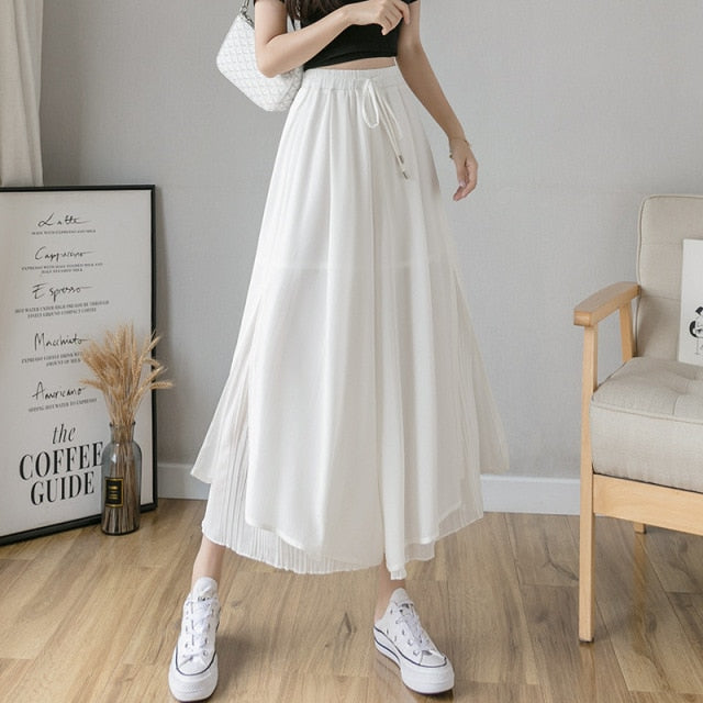 Sixsr Spring Autumn New Style Pleated Chiffon Wide Leg Pants Fashion High Waist Drape Elegant Ankle-length Pants Skirt Trousers