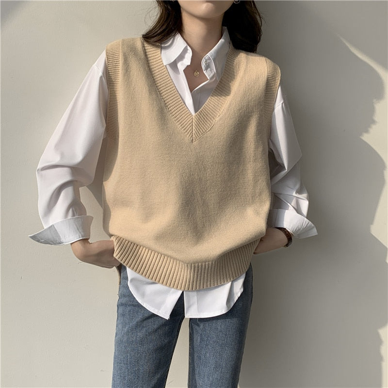 Sixsr Autumn Women's Sweater Vest V-neck Sleeveless Irregular Casual Loose Knitted Pullover Tops Female Outerwear