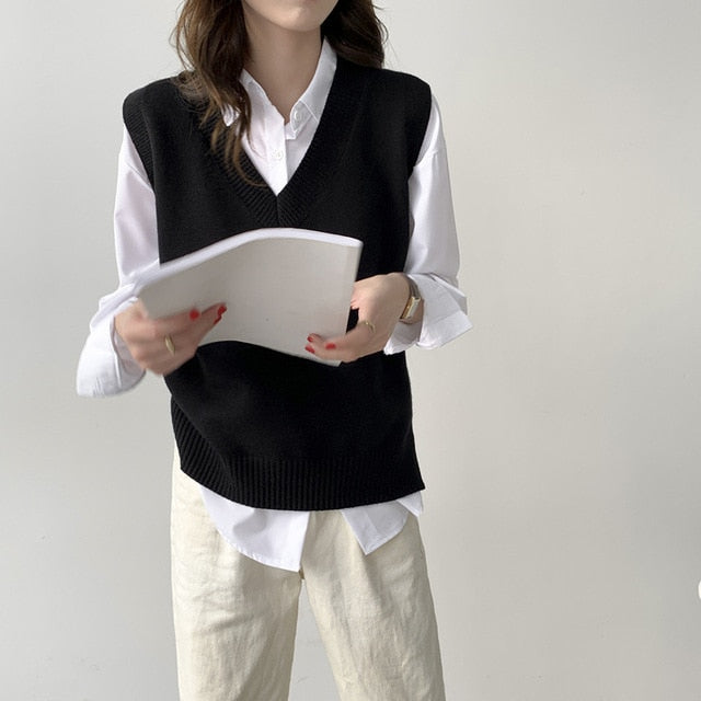 Sixsr Autumn Women's Sweater Vest V-neck Sleeveless Irregular Casual Loose Knitted Pullover Tops Female Outerwear