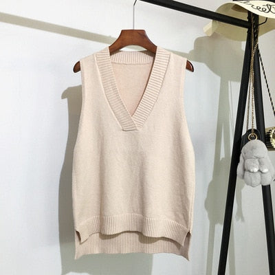Sixsr Autumn Women's Sweater Vest V-neck Sleeveless Irregular Casual Loose Knitted Pullover Tops Female Outerwear