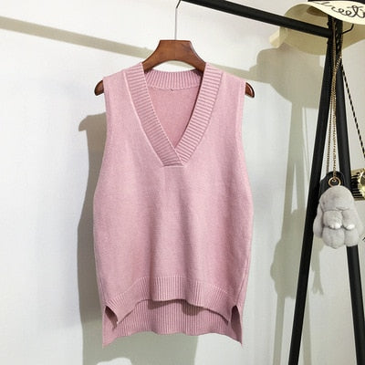 Sixsr Autumn Women's Sweater Vest V-neck Sleeveless Irregular Casual Loose Knitted Pullover Tops Female Outerwear