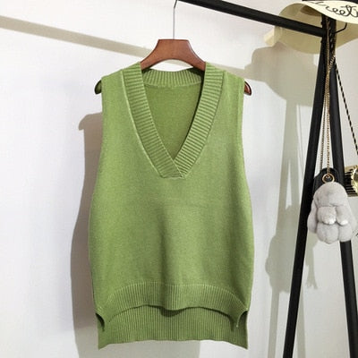 Sixsr Autumn Women's Sweater Vest V-neck Sleeveless Irregular Casual Loose Knitted Pullover Tops Female Outerwear