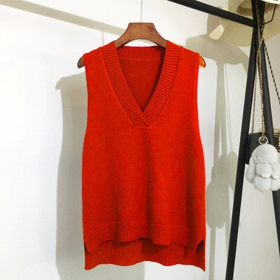 Sixsr Autumn Women's Sweater Vest V-neck Sleeveless Irregular Casual Loose Knitted Pullover Tops Female Outerwear