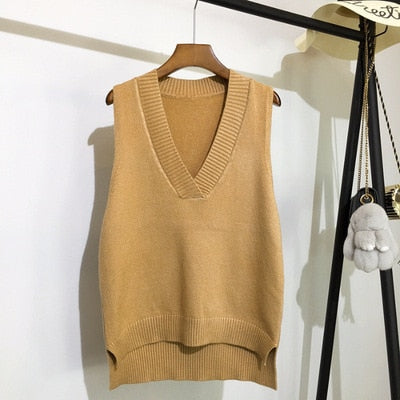 Sixsr Autumn Women's Sweater Vest V-neck Sleeveless Irregular Casual Loose Knitted Pullover Tops Female Outerwear