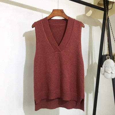 Sixsr Autumn Women's Sweater Vest V-neck Sleeveless Irregular Casual Loose Knitted Pullover Tops Female Outerwear