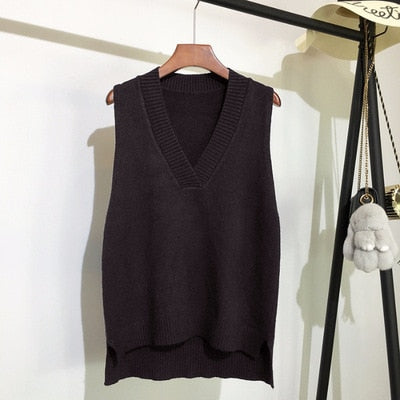 Sixsr Autumn Women's Sweater Vest V-neck Sleeveless Irregular Casual Loose Knitted Pullover Tops Female Outerwear