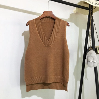 Sixsr Autumn Women's Sweater Vest V-neck Sleeveless Irregular Casual Loose Knitted Pullover Tops Female Outerwear