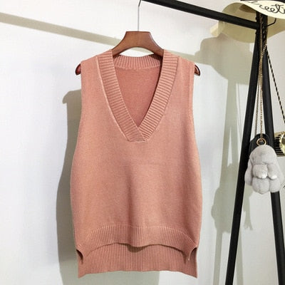 Sixsr Autumn Women's Sweater Vest V-neck Sleeveless Irregular Casual Loose Knitted Pullover Tops Female Outerwear