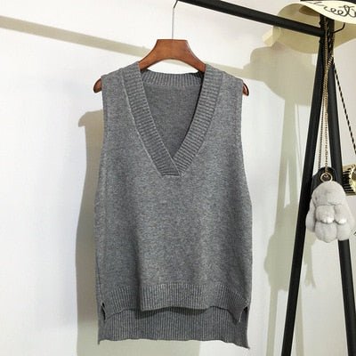 Sixsr Autumn Women's Sweater Vest V-neck Sleeveless Irregular Casual Loose Knitted Pullover Tops Female Outerwear