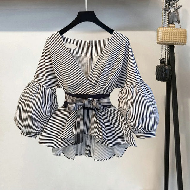 Sixsr New Spring Summer 2 Pcs Suits Women's Striped Bow Lantern Sleeve Blouse + Black Split Flare Sleeve Pants Set S-3XL