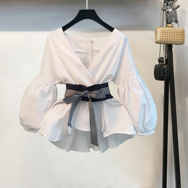 Sixsr New Spring Summer 2 Pcs Suits Women's Striped Bow Lantern Sleeve Blouse + Black Split Flare Sleeve Pants Set S-3XL