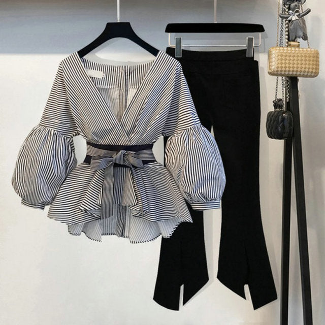 Sixsr New Spring Summer 2 Pcs Suits Women's Striped Bow Lantern Sleeve Blouse + Black Split Flare Sleeve Pants Set S-3XL