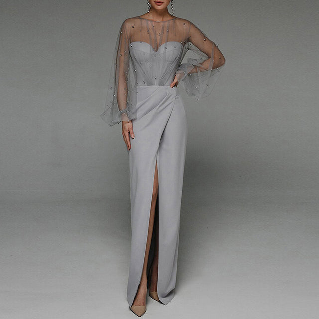 sixsr Evening Dress Long Puff Sleeve White Gray Formal Dress Split Fork O-neck Party Prom Dress High-Waist Elegant Robe De Soriee