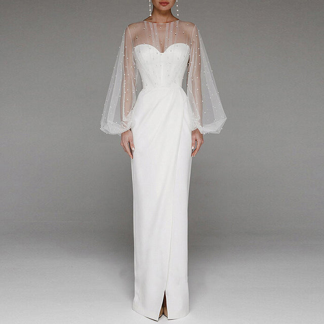 sixsr Evening Dress Long Puff Sleeve White Gray Formal Dress Split Fork O-neck Party Prom Dress High-Waist Elegant Robe De Soriee