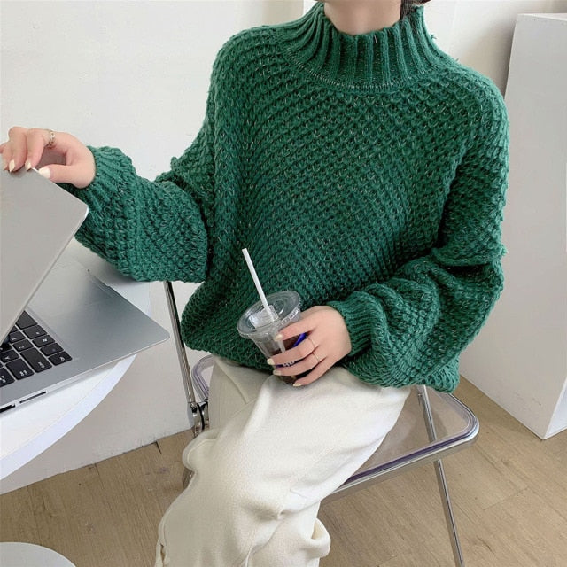 Sixsr Winter Clothes Women Turtleneck Hollow Out Loose Solid Thick Knit Bottoming Pullovers Short Sweater Female Outer Wear Casual