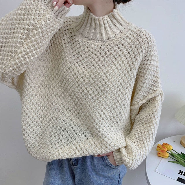 Sixsr Winter Clothes Women Turtleneck Hollow Out Loose Solid Thick Knit Bottoming Pullovers Short Sweater Female Outer Wear Casual