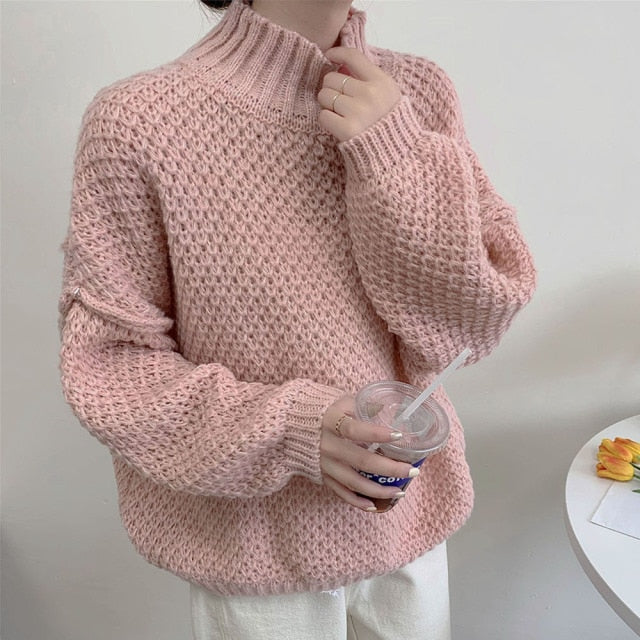 Sixsr Winter Clothes Women Turtleneck Hollow Out Loose Solid Thick Knit Bottoming Pullovers Short Sweater Female Outer Wear Casual