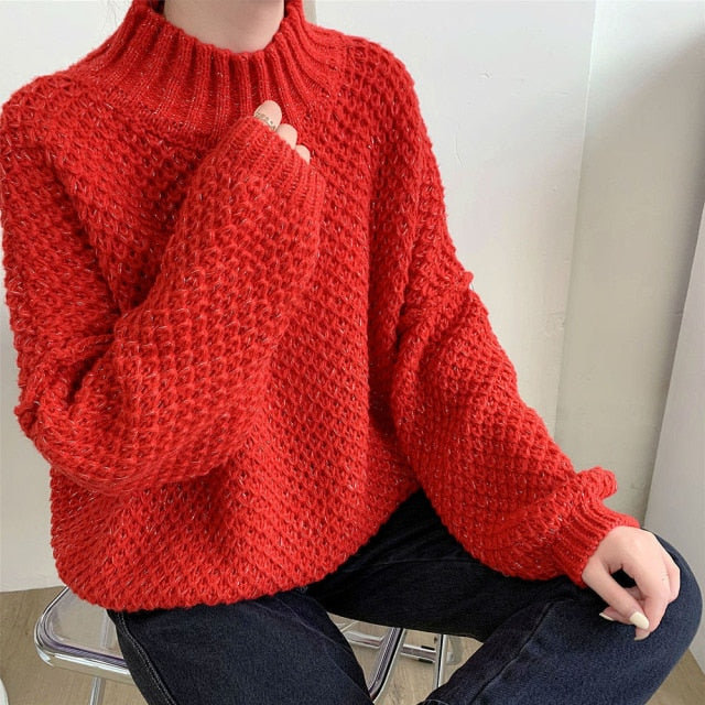 Sixsr Winter Clothes Women Turtleneck Hollow Out Loose Solid Thick Knit Bottoming Pullovers Short Sweater Female Outer Wear Casual