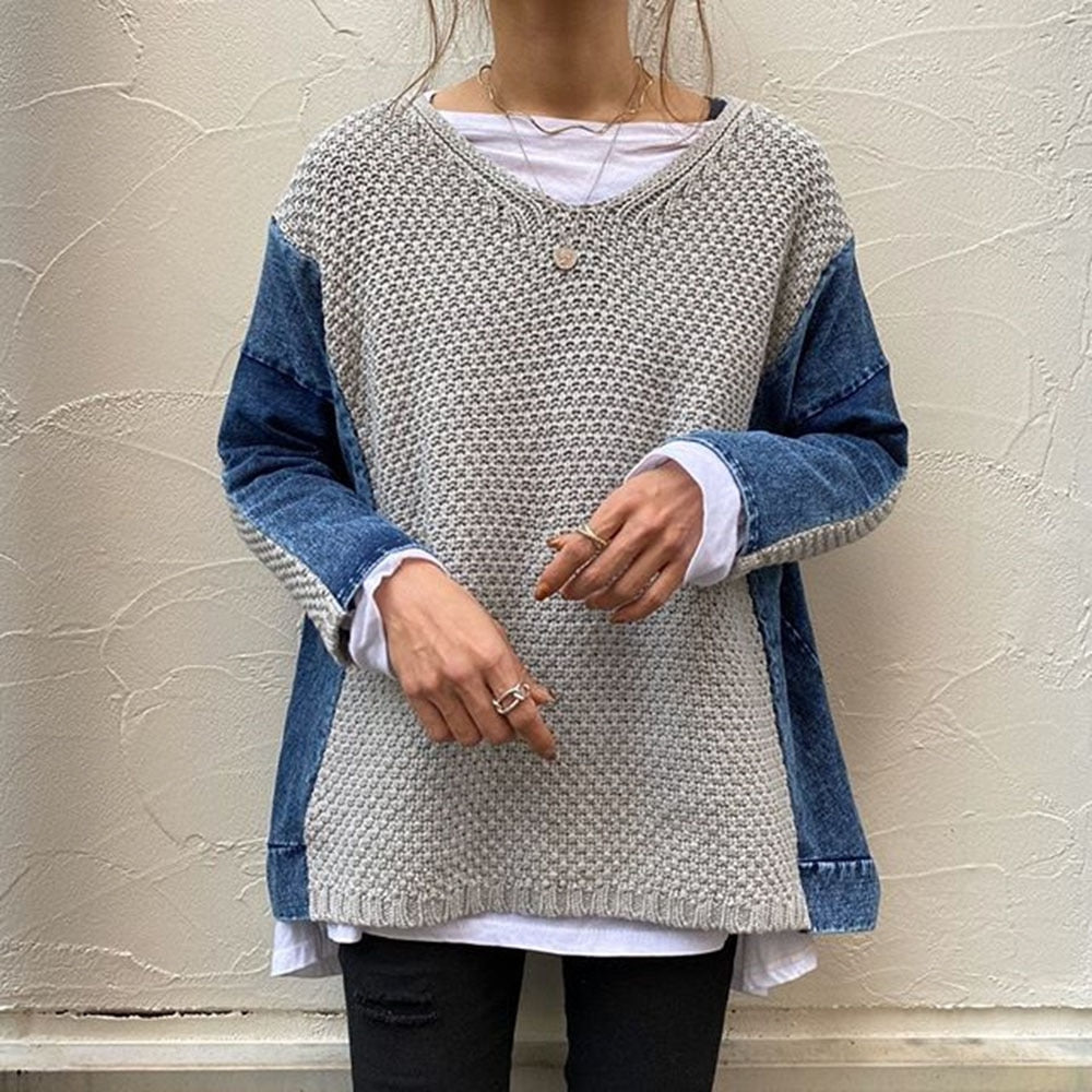 Sixsr Chic Pacthwork Sweater Women Winter Knitwear Women's Jumper Loose Oversize V Neck Long Sleeve Female Jersey Knitted Tops
