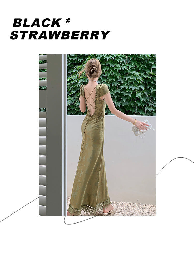 sixsr Elegant Women Green Satin Backless Mixi Dress Vintage Palace Bodycon Party Dresses Lace Bandage V-Neck Prom Robe Summer Vestidos