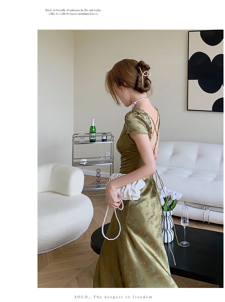 sixsr Elegant Women Green Satin Backless Mixi Dress Vintage Palace Bodycon Party Dresses Lace Bandage V-Neck Prom Robe Summer Vestidos