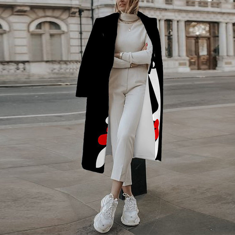 Sixsr Casual Lapel Long Sleeve Blend Wool Coats Fashion Portrait Print Women Long Overcoat Winter Elegant Lady Cardigan Outerwear