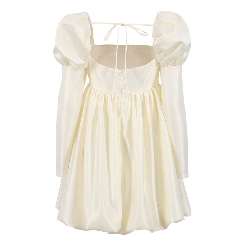 Sixsr New Fashion Puff Sleeves Woman Party Dress Evening Chic Square Collar Ball Gown Dress Short Beige Satin Dresses Pleated Ladies