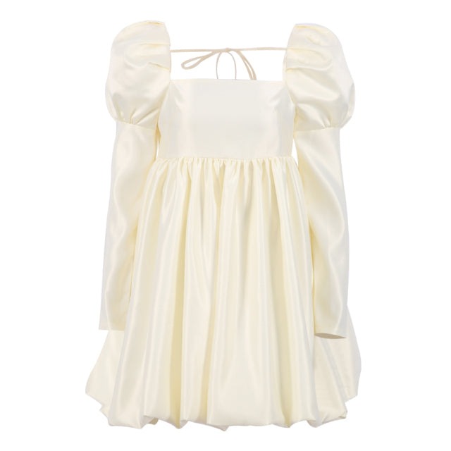 Sixsr New Fashion Puff Sleeves Woman Party Dress Evening Chic Square Collar Ball Gown Dress Short Beige Satin Dresses Pleated Ladies