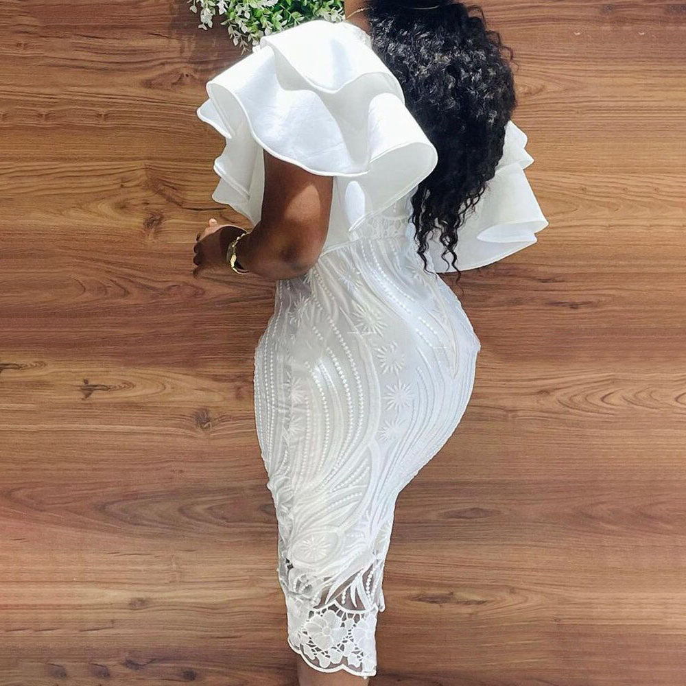 sixsr Summer Fashion Midi Dress Elegant Evening Party White Dresses for Women Classy Prom High-waist Lace Ruffle Female Clothing