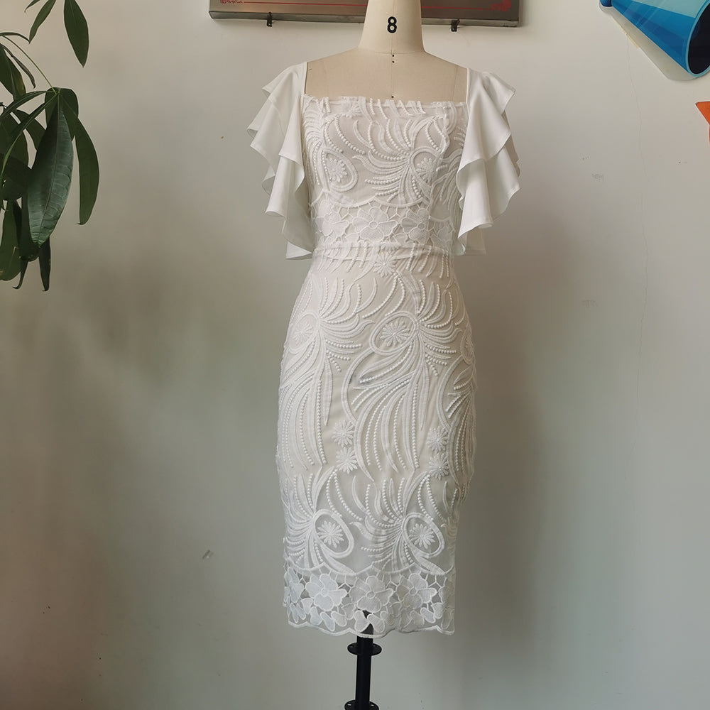 sixsr Summer Fashion Midi Dress Elegant Evening Party White Dresses for Women Classy Prom High-waist Lace Ruffle Female Clothing