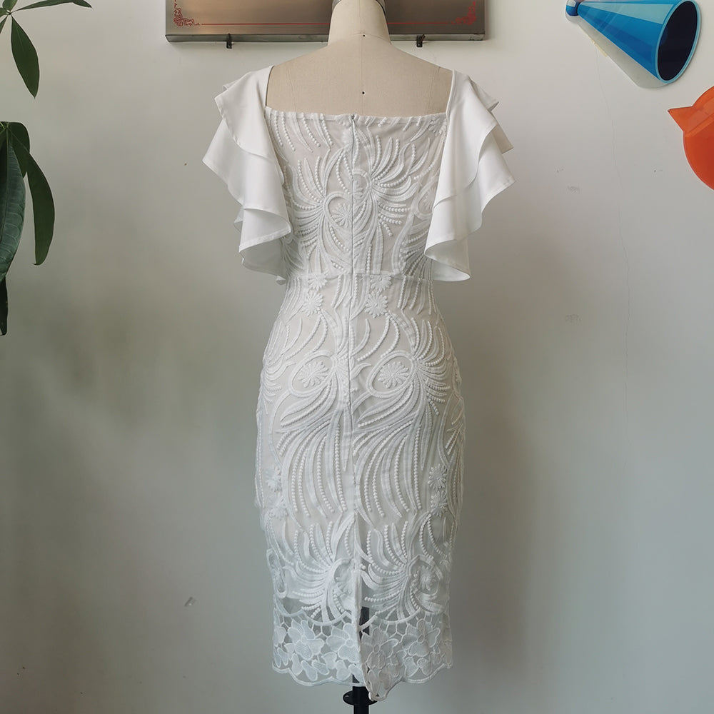 sixsr Summer Fashion Midi Dress Elegant Evening Party White Dresses for Women Classy Prom High-waist Lace Ruffle Female Clothing