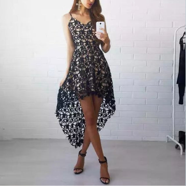 Sixsr Women Fashion Trends Off Shoulder Lace Patchwork Elegant Dress Women Summer V Neck Spaghetti Strap Dress Female New Fashion Solid Party Dresses