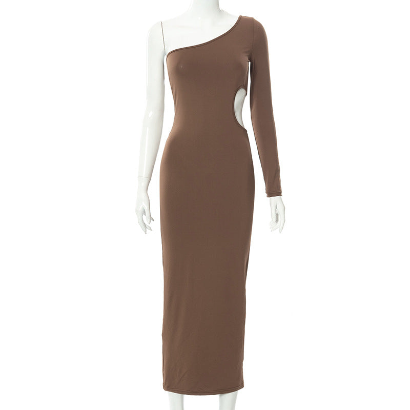 sixsr Long Sleeve One Shoulder Sexy Maxi Dress For Women Elegant Cut Out Party Prom Evening Bodycon Long Dresses Fall White Brown