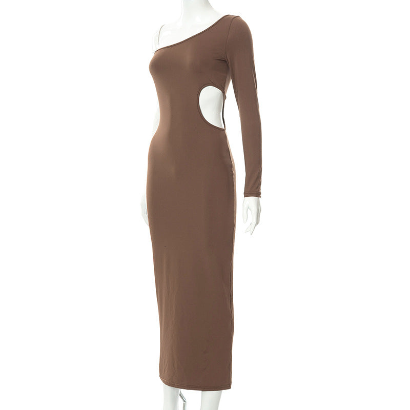 sixsr Long Sleeve One Shoulder Sexy Maxi Dress For Women Elegant Cut Out Party Prom Evening Bodycon Long Dresses Fall White Brown