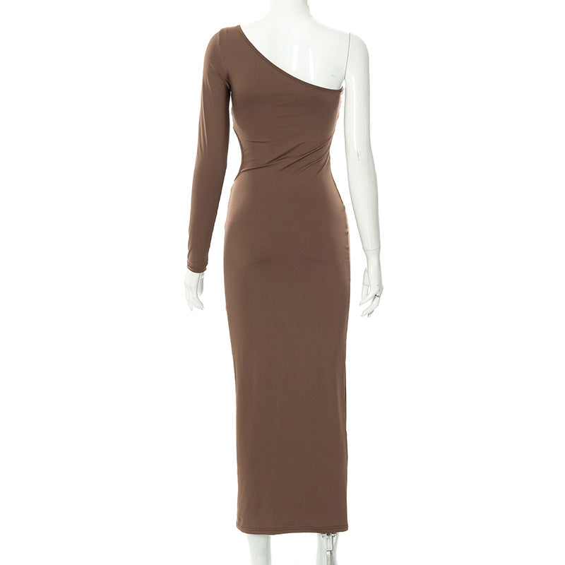 sixsr Long Sleeve One Shoulder Sexy Maxi Dress For Women Elegant Cut Out Party Prom Evening Bodycon Long Dresses Fall White Brown
