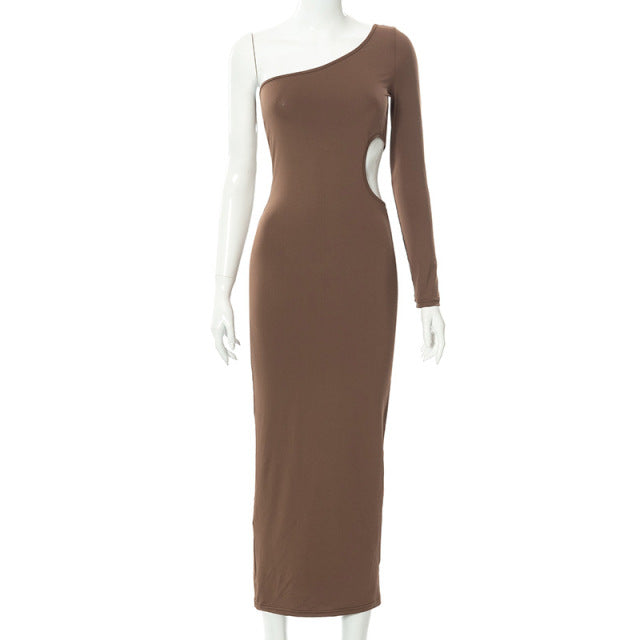 sixsr Long Sleeve One Shoulder Sexy Maxi Dress For Women Elegant Cut Out Party Prom Evening Bodycon Long Dresses Fall White Brown