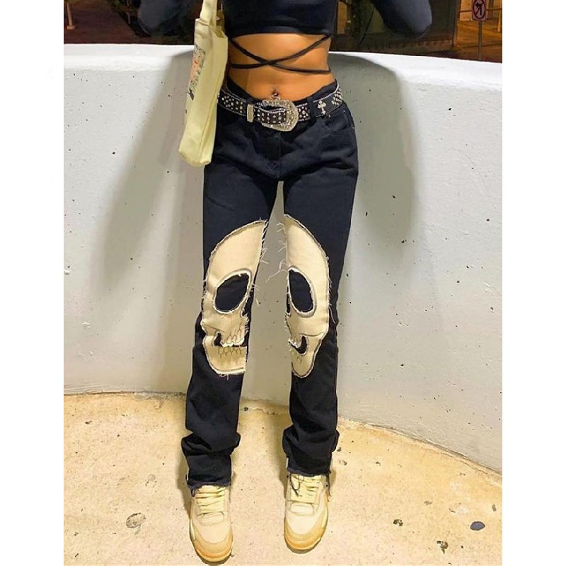 Sixsr  Womens Fashion Skull Patterned Low Rise Jeans Streetwear Women Clothing Black Denim Trousers Cyber Y2k Aesthetic Goth Pants C82-DI53
