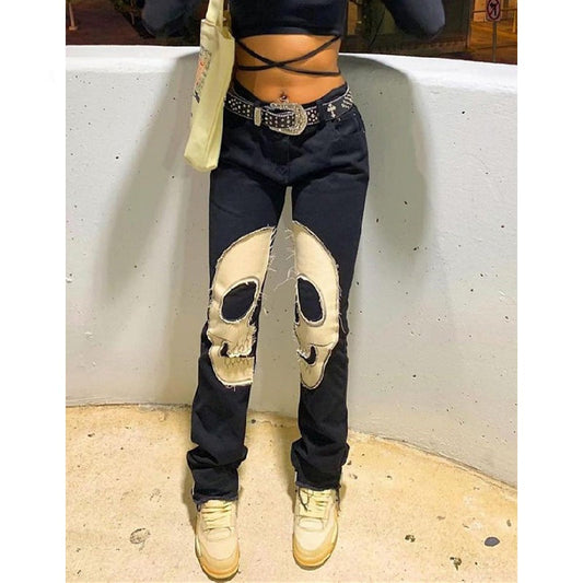 Sixsr  Womens Fashion Skull Patterned Low Rise Jeans Streetwear Women Clothing Black Denim Trousers Cyber Y2k Aesthetic Goth Pants C82-DI53