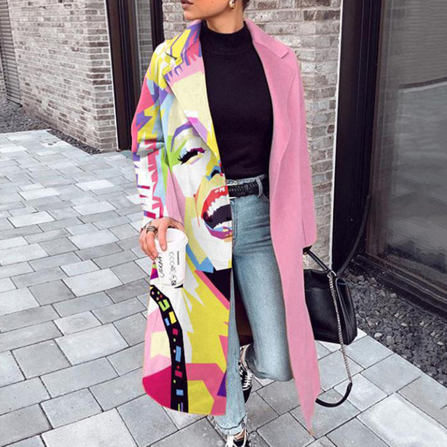 Sixsr Casual Lapel Long Sleeve Blend Wool Coats Fashion Portrait Print Women Long Overcoat Winter Elegant Lady Cardigan Outerwear