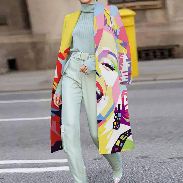 Sixsr Casual Lapel Long Sleeve Blend Wool Coats Fashion Portrait Print Women Long Overcoat Winter Elegant Lady Cardigan Outerwear