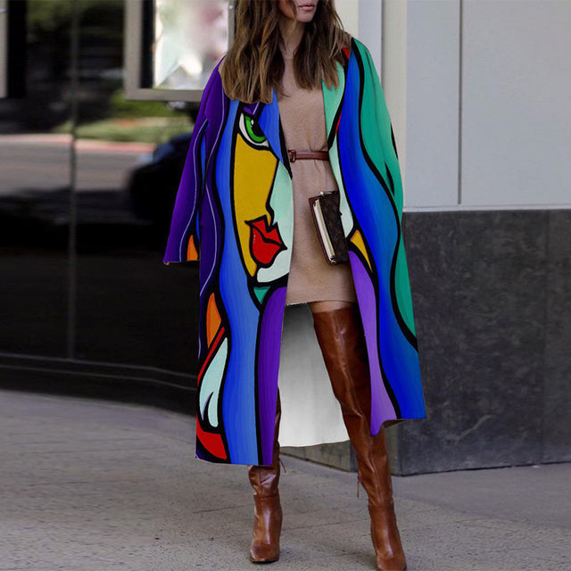 Sixsr Casual Lapel Long Sleeve Blend Wool Coats Fashion Portrait Print Women Long Overcoat Winter Elegant Lady Cardigan Outerwear